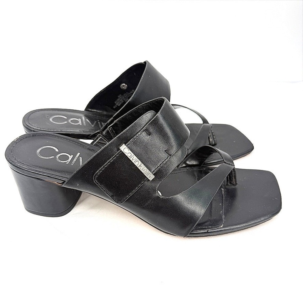 Calvin Klein Briella Heeled Sandals Black Square Toe Thong Mules Chic Size 9M